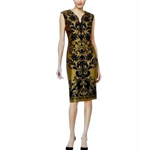 Nwot ECI Olive Green w/Black Flocked Fillagree  Sleeveless V Neck Midi Dress